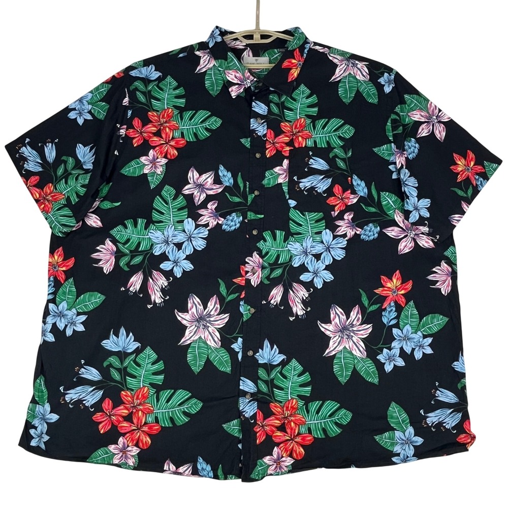 Oak Hill Tropical Floral Button Down Shirt Mens 4XLT Black Short Sleeve Pocket